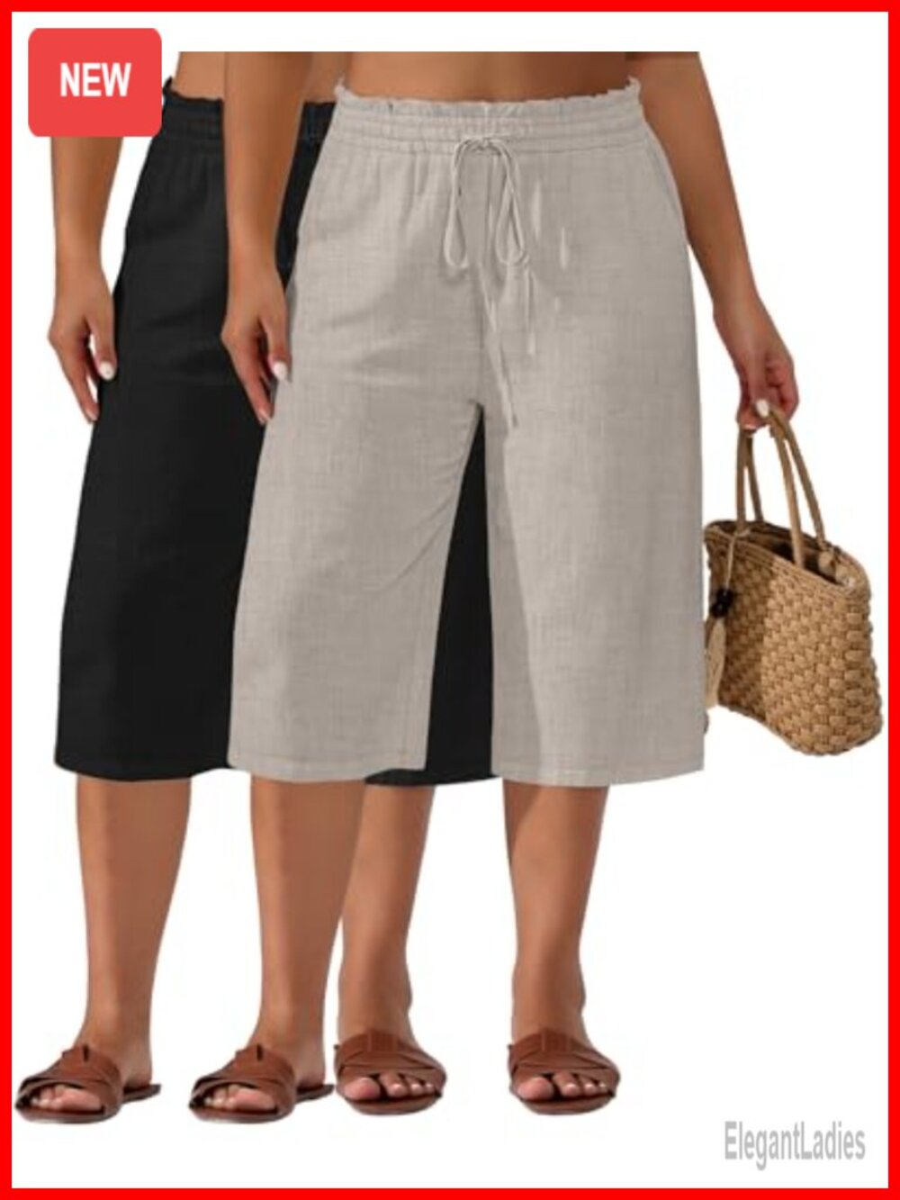 Plus Size Linen Capris Wide Leg High Waisted Drawstring Cropped Beach Pants